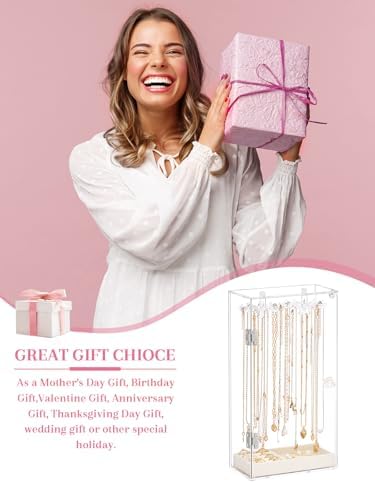 Necklace Organizer with Rotatable Hooks and Velvet Tray