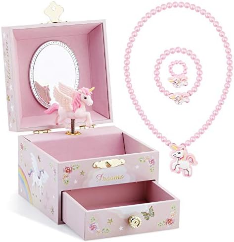 RR Round Rich Design Kids Musical Jewelry Box with Drawer and Unicorn Set - Pink