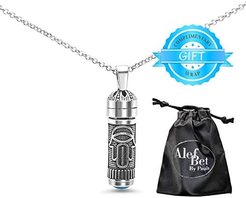 Alef Bet by Paula Sterling Silver Mezuzah Necklace with Turquoise Accent