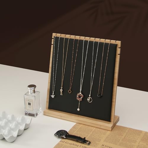 Bamboo Necklace Display Stand with Black PU Leather