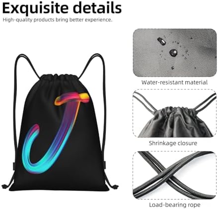 Drawstring Backpack with Initial J Rainbow Letter Black