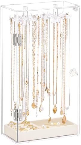 Necklace Organizer with Rotatable Hooks and Velvet Tray