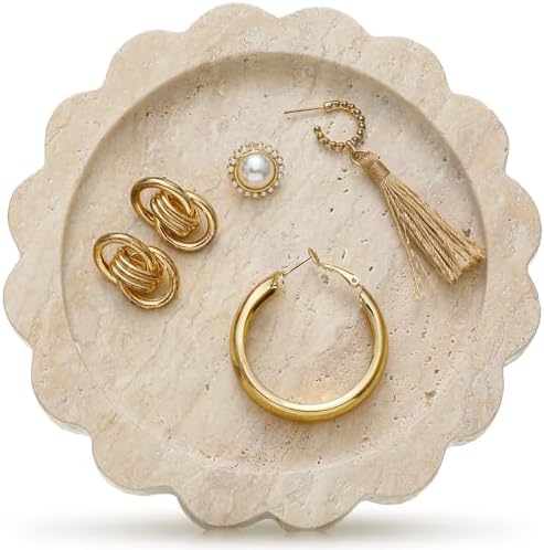 55 Inch Round Travertine Jewelry Tray with Scalloped Edges