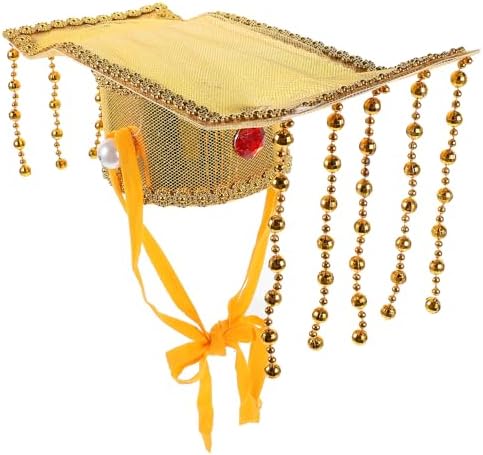 LOGOFUN Ancient Emperor Hat with Beaded Tassel Glitter Prince Hat Adjustable Strap for Cosplay Party Costume Accessories