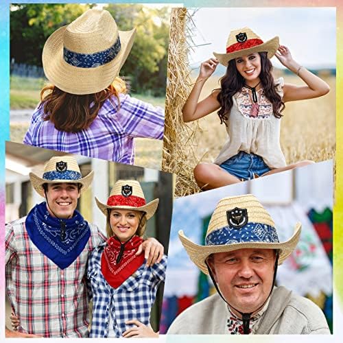 SATINIOR 12-Piece Straw Cowboy Hats and Bandanas Set