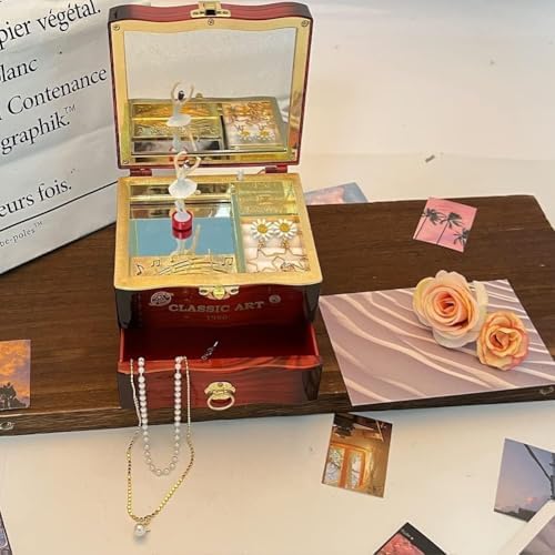 Retro Music Box Jewelry Storage Case with Mirror and Dancing Ballerina