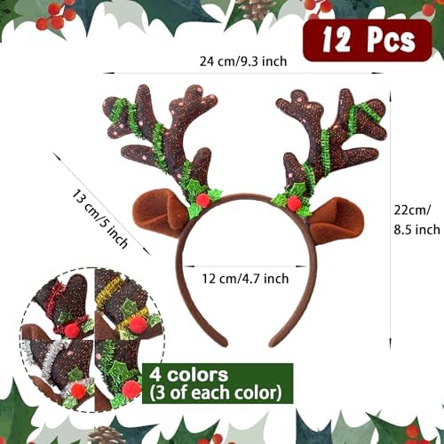 12 Pcs Reindeer Antlers Headband with Glitter Sequins for Christmas Ears