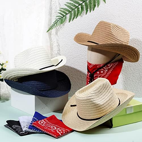 SATINIOR 12 Set Straw Cowboy Hats and Bandanas