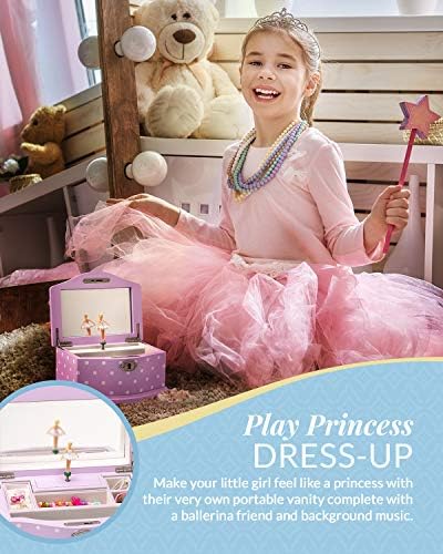 Elle Jewelry Box - Wind-Up Music Box with Ballerina and Mirror Wooden Storage for Girls and Teens