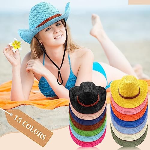 Suhine 15 Pcs Colorful Straw Cowboy Hat for Men Women
