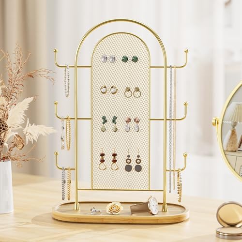 Bussdis Jewelry Tower with 300 Earring Holes 6 Hooks Wood Tray Organizer