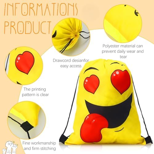 24 Pcs Emoticon Drawstring Backpacks for Kids and Teens