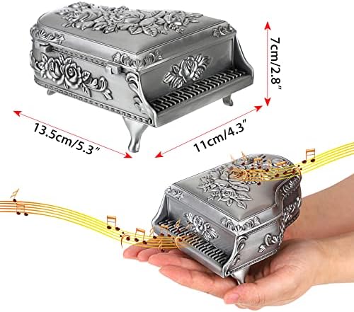 ELLDOO Vintage Piano Music Box Silver Metal Wind Up Jewelry Storage Box