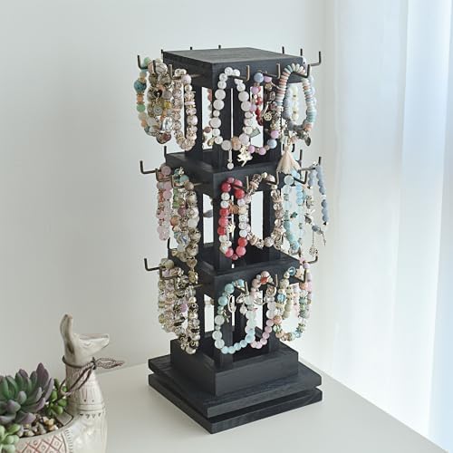 Ikee Design 36 Hooks Rotating Keychain Holder Display Stand - 3 Tier Jewelry Display Tree Stand Black Color