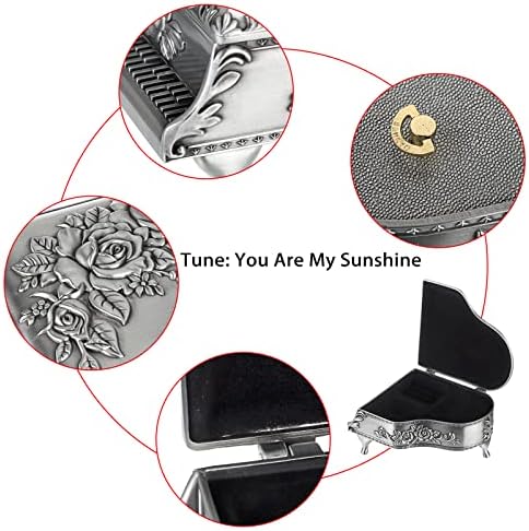 ELLDOO Vintage Piano Music Box Silver Metal Wind Up Jewelry Storage Box
