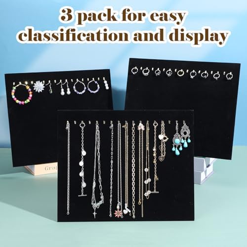 3 Pack Black Velvet Jewelry Display Stands with 17 Hooks