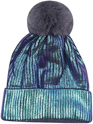 JUMISEE Women Girls Shiny Metallic Knit Beanie Hat Slouchy Winter Skull Cap with Faux Fur Pompom 1