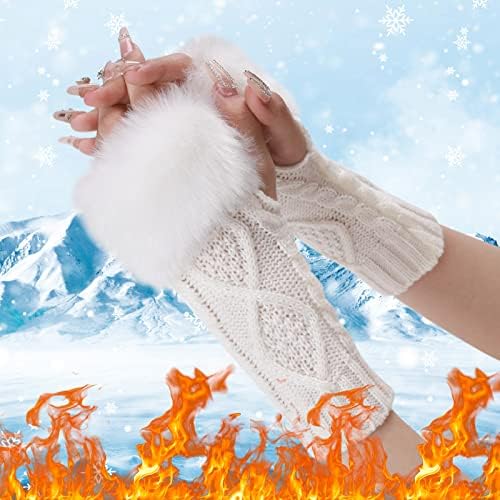 Womens Fingerless Gloves with Furry Cuff and Thumb Hole
