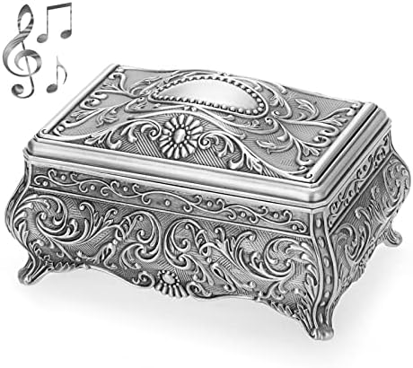 ELLDOO Vintage Silver Music Box with Floral Design