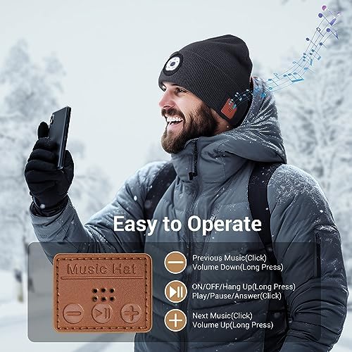 Bluetooth Beanie with Built-in LED Light and Stereo Headphones for Winter Outdoors Unisex Black