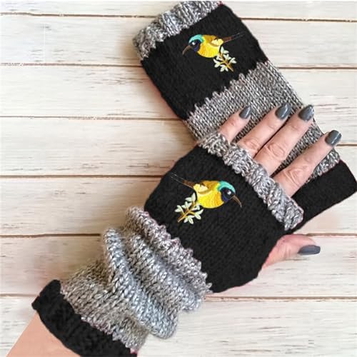 Womens Winter Fingerless Long Gloves with Embroidered Bird Design