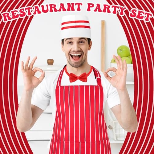 6 Pcs 1950s Waiter Costume Kit with Apron Chef Hat Red Bow Ties