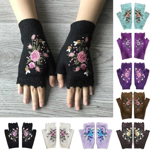 Women Winter Bird Embroidered Wrist Warmers Gloves