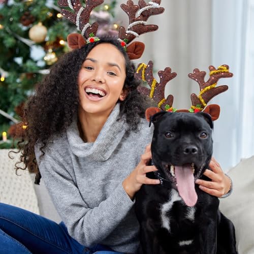 12 Pcs Reindeer Antlers Headband with Glitter Sequins for Christmas Ears