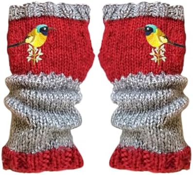 Womens Winter Fingerless Long Gloves with Embroidered Bird Design