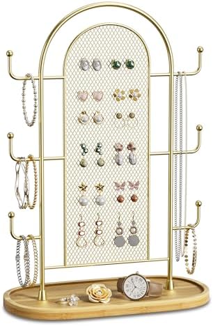 Bussdis Jewelry Tower with 300 Earring Holes 6 Hooks Wood Tray Organizer