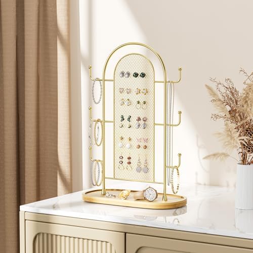 Bussdis Jewelry Tower with 300 Earring Holes 6 Hooks Wood Tray Organizer