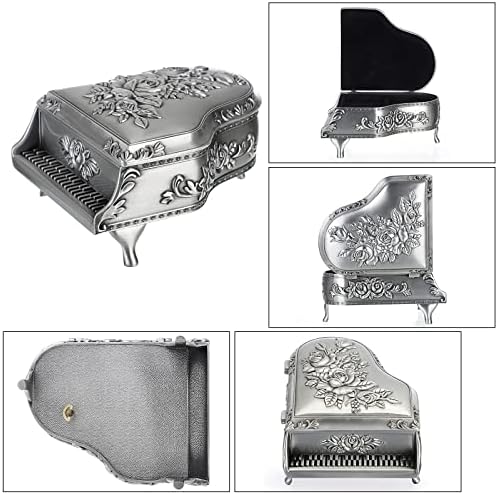 ELLDOO Vintage Piano Music Box Silver Metal Wind Up Jewelry Storage Box