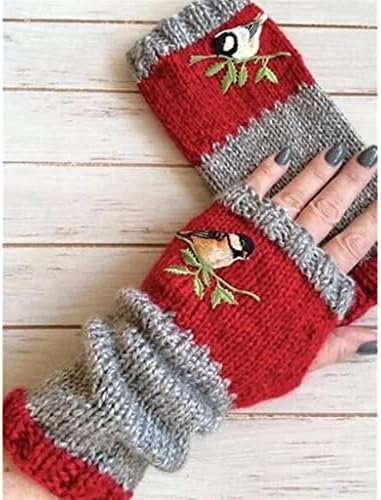 Womens Embroidered Fingerless Gloves with Thumb Hole for Winter Driving and Cosplay