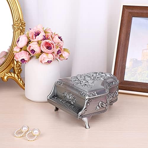 ELLDOO Vintage Piano Music Box Silver Metal Wind Up Jewelry Storage Box