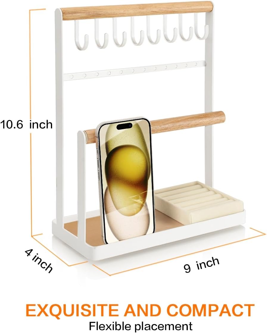 PAMANO Jewelry Organizer 4-Tier Wooden Stand Holder with 8 Hooks and 12 Earring Holes