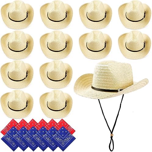 SATINIOR 12 Set Straw Cowboy Hats and Bandanas 1