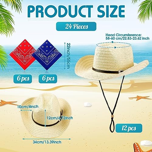 SATINIOR 12 Set Straw Cowboy Hats and Bandanas 1