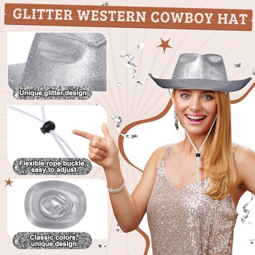 Shyyween Glitter Wide Brimmed Cowgirl Party Hat Set for Men Women