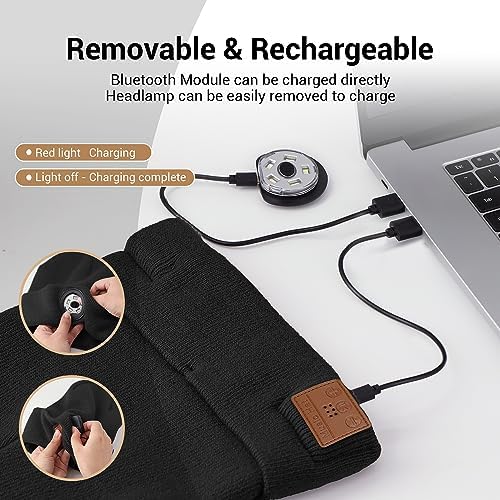 Bluetooth Beanie with Built-in LED Light and Stereo Headphones for Winter Outdoors Unisex Black