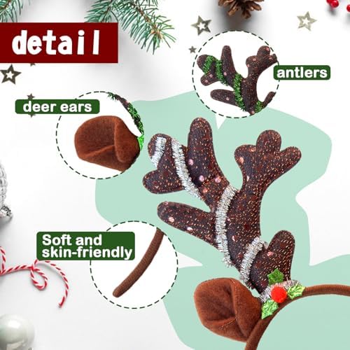12 Pcs Reindeer Antlers Headband with Glitter Sequins for Christmas Ears