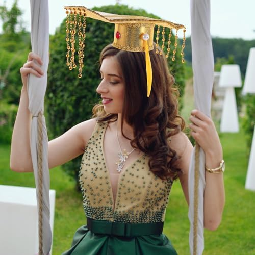 LOGOFUN Ancient Emperor Hat with Beaded Tassel Glitter Prince Hat Adjustable Strap for Cosplay Party Costume Accessories