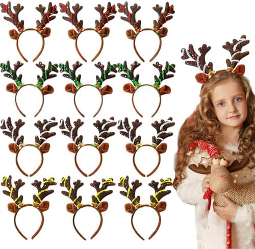 12 Pcs Reindeer Antlers Headband with Glitter Sequins for Christmas Ears