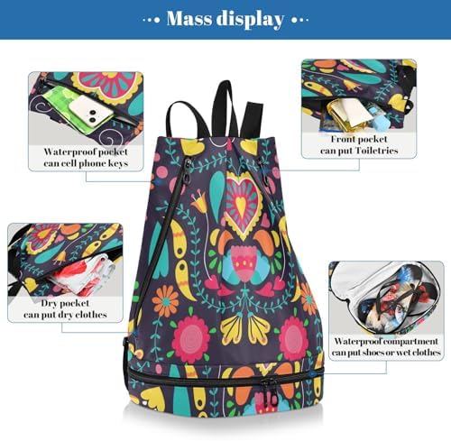 QwThum Gym Drawstring Bag with Shoes Compartment and Wet Proof Pocket