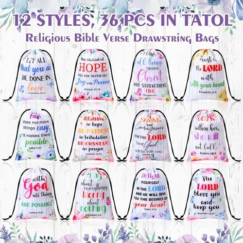 Aliceset 36 Pcs Drawstring Bible Verse Bags for Baptism and Religious Events