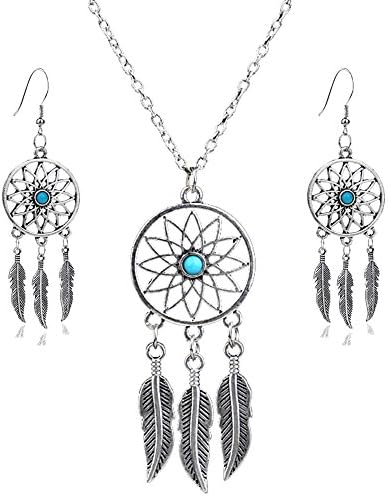 Lauhonmin 3pcs Women Retro Silver Turquoise Feather Dream Catcher Necklace Earrings Set