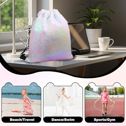 Pink Sequin Drawstring Backpack for Gym and Sports