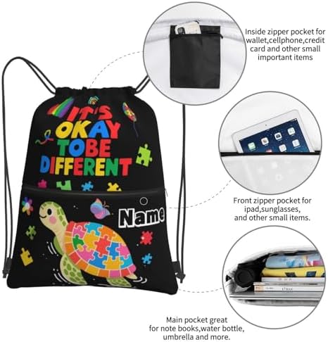 Custom Name Drawstring Backpack with Autism Awareness Pattern
