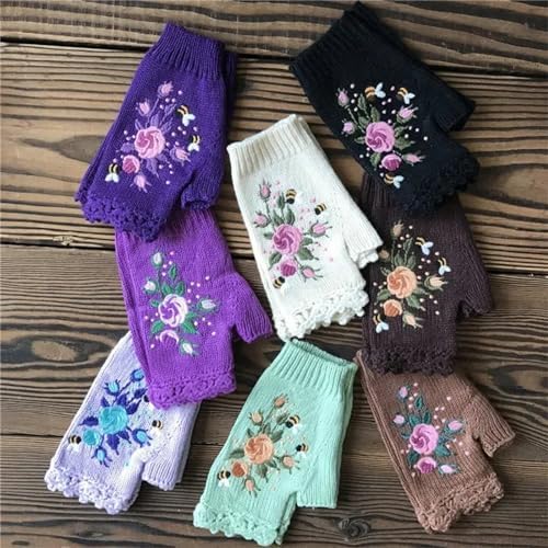 Women Winter Bird Embroidered Wrist Warmers Gloves