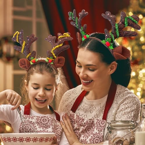 12 Pcs Reindeer Antlers Headband with Glitter Sequins for Christmas Ears