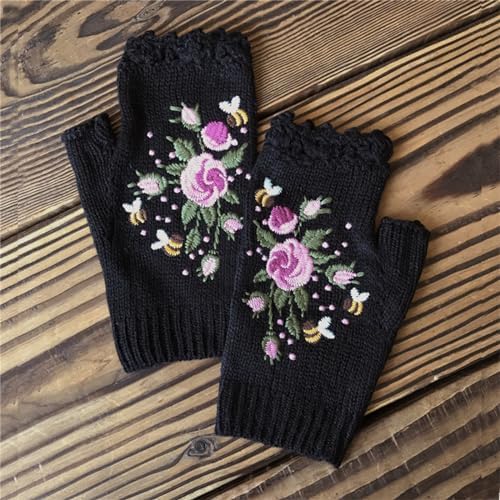 Women Winter Bird Embroidered Wrist Warmers Gloves